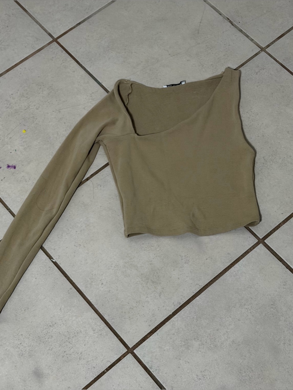 Zara Women Tan Beige Ribbed Asymmetrical One-Shoulder Long Sleeve Crop Top M